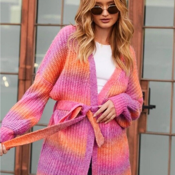 Vici Sweaters - Vici Pink and Orange Knit Cardigan Sweater